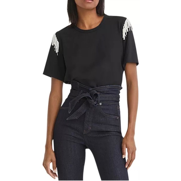 Veronica Beard Black Rhinestone Fringe Shoulder Epaulette Crewneck Tee Shirt - Picture 1 of 11
